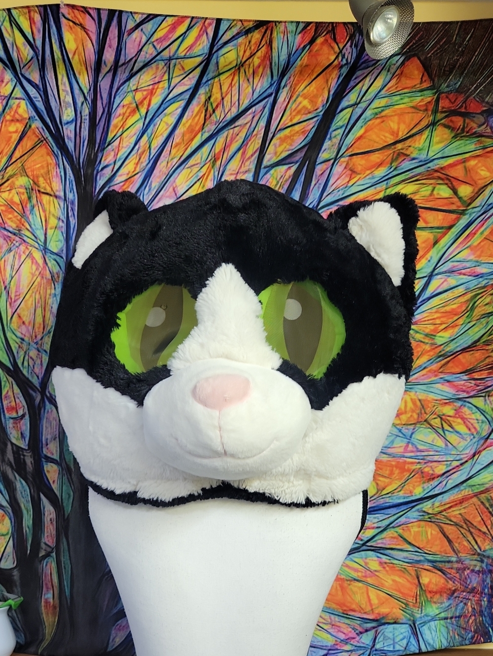 Furry Mask Black & White Plush Cat Mask with Green Eye Accents - Unbranded